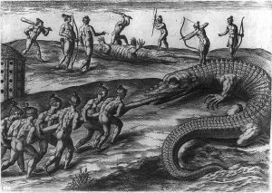 Jacques Le Moyne’s depiction of the Timucua encountering alligators in Florida. Engraving by Theodore DeBry. Library of Congress.